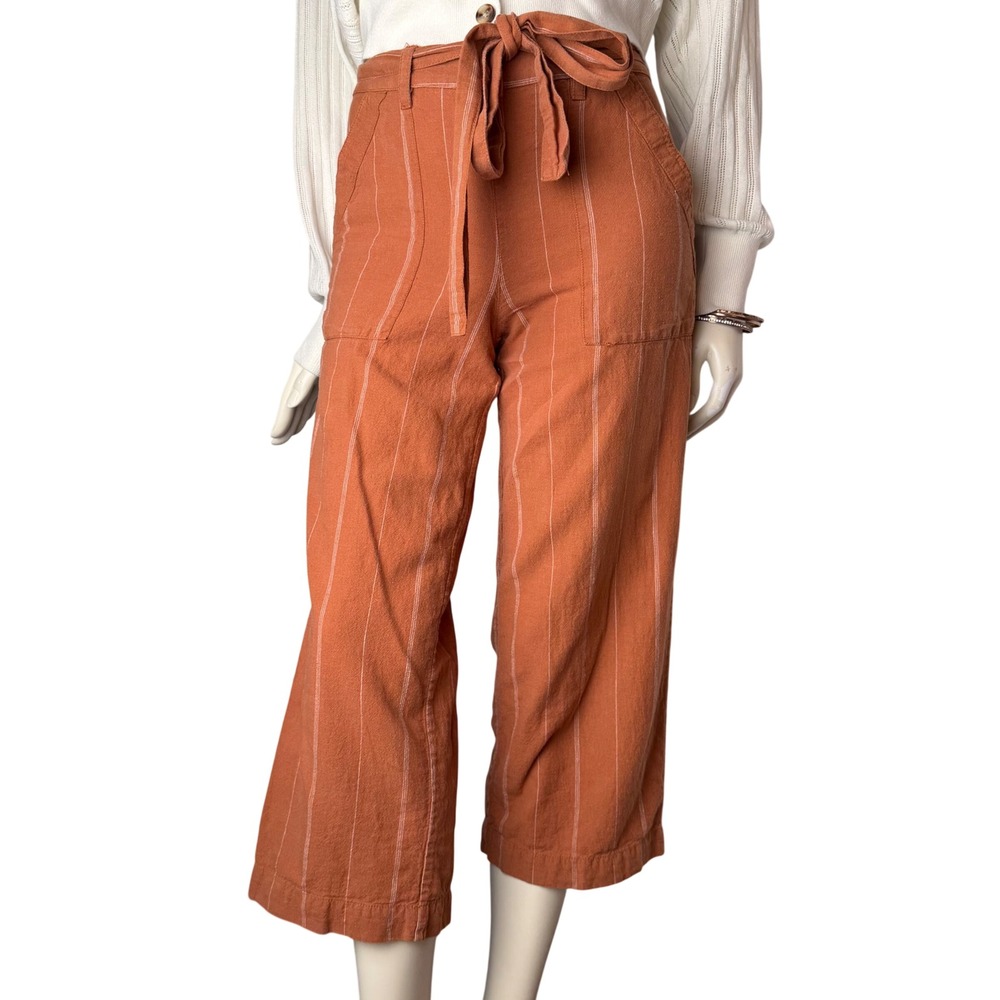 FatFace Linen Cotton Pinstripe Wide Leg Crop Pants Belt Rust Coastal Boho SZ 2